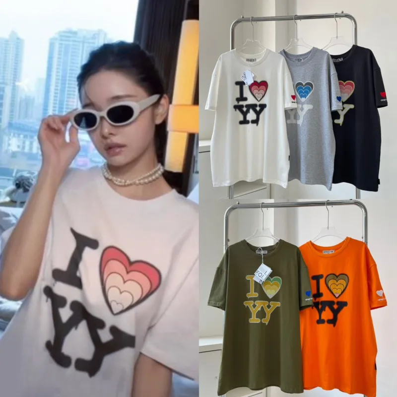 

2024 New Heart-shaped And Letter Print Loose T-shirt South Korea Song Zhiya Same Solid Color Short Sleeve Casual Top For Women