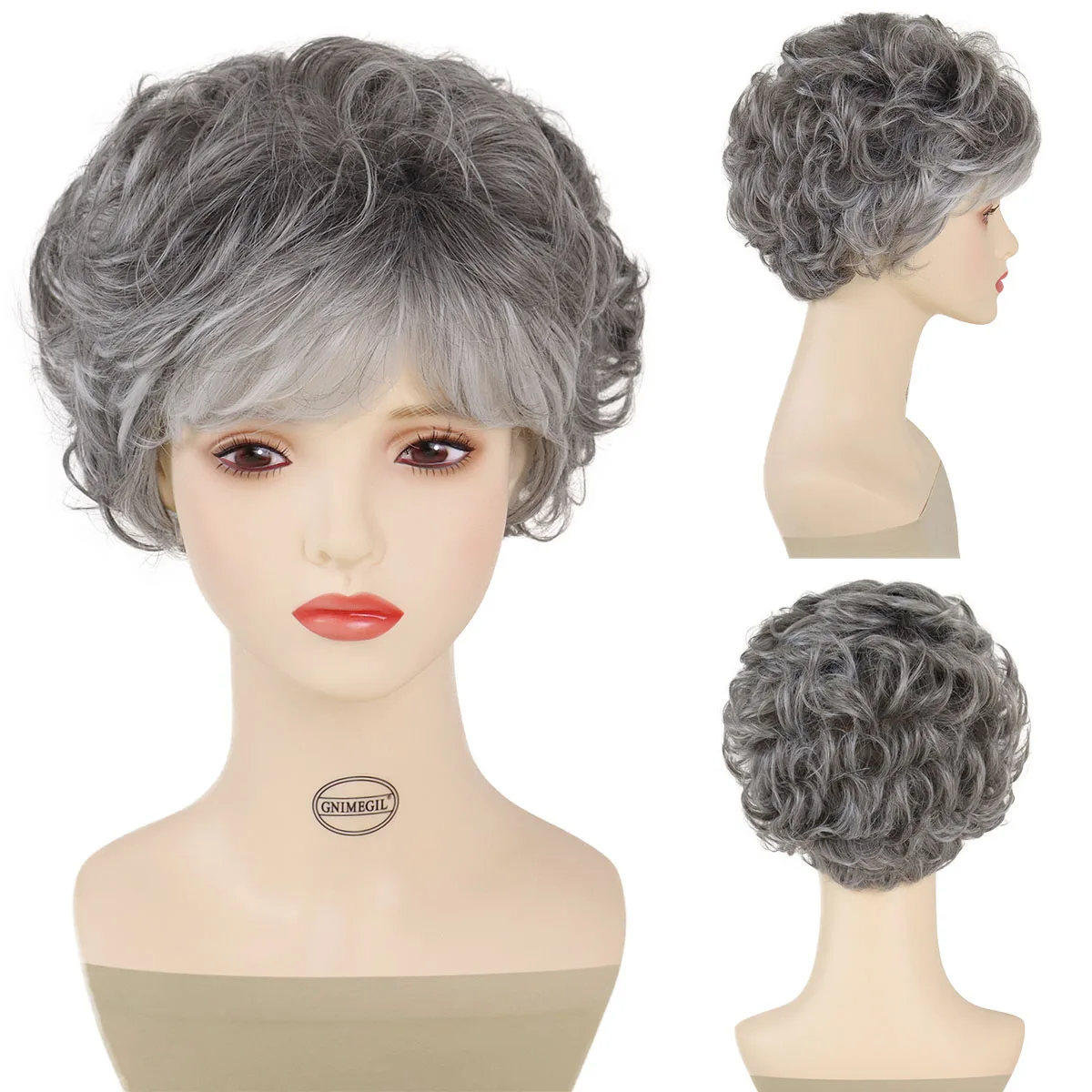 Synthetic Elder Ladies Hair Short Gray Curly Wigs for Women Sliver Grey Curls Cut Wig with Bangs Fluffy Old Lady Costume Grandma