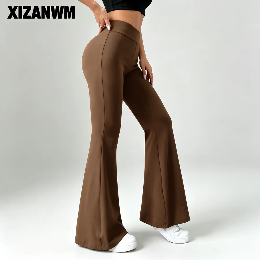 Spring Women's high waisted leggings Booty Lifting flared pants, slim leg long brown pants, slim wide-leg pants for Streetwear