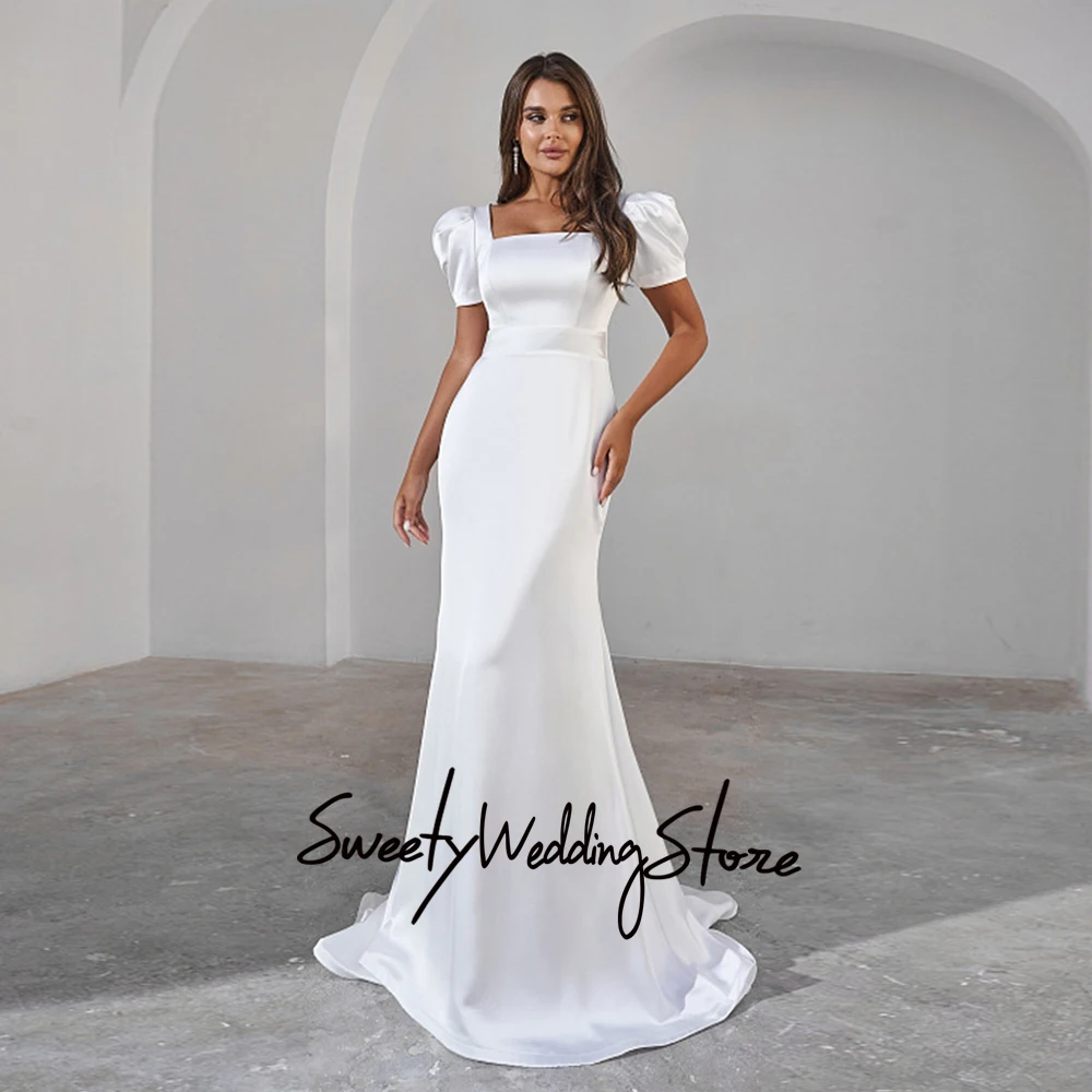 

Simple Satin Wedding Dresses 2023 Puff Short Sleeves Square Neck Back Lace-up Sweep Train Mermaid Bridal Gown Bride Dress