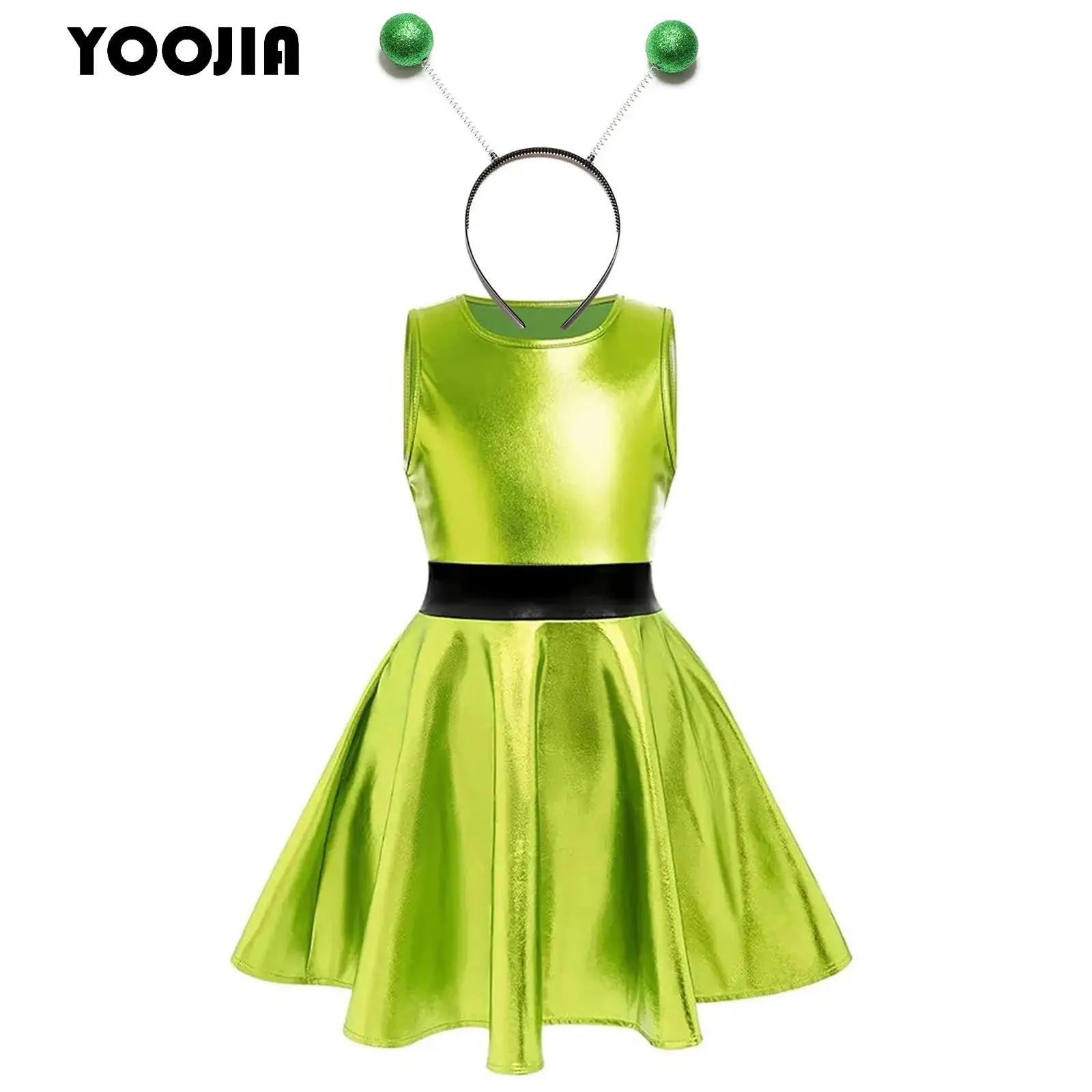 

Shiny Alien Costume for Girls Halloween Outerspace Alien Cosplay High Waist A-Line Metallic Future World Party Dance Dress Set