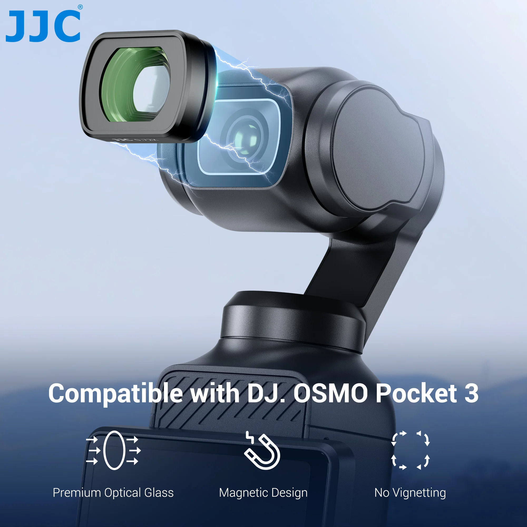 JJC 0.72X فلتر عدسة مغناطيسي واسع الزاوية لـ DJI Osmo Pocket 3، مرفق مغناطيسي/زجاج بصري متعدد المطلي