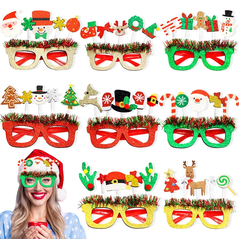 Christmas Cartoon Glasses, Festive Party Photo Props, Red And Green Striped Frames, Holiday Theme Decorations