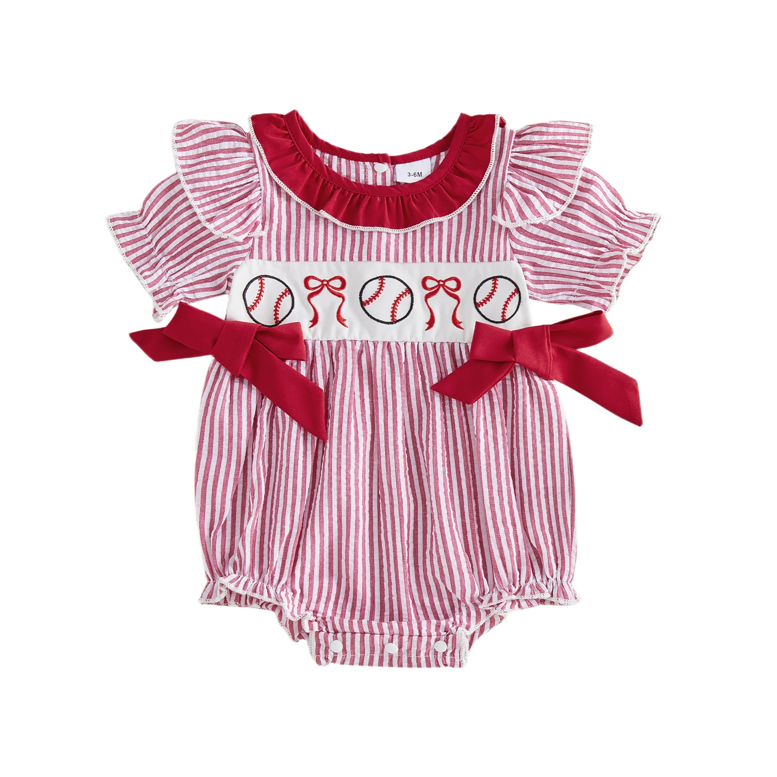 

Baby Girls Summer Stripe Romper Baseball Bow Embroidery Short Sleeve Ruffled Round Neck Jumpsuit