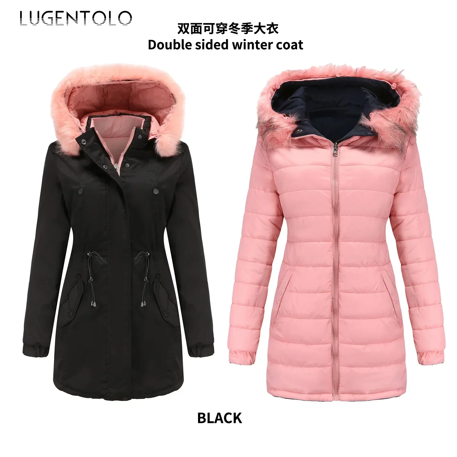 Women Hooded Parka Zipper Autumn Winter Puffer Jacket Double-sided Detachable Fur Collar Casual Straight Parkas Available 5XL