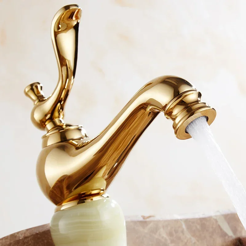 Faucet Basin Hot and Cold Water Mixer Taps Copper Golden Lavatory Faucet Marble Stone Gold Basin Faucet