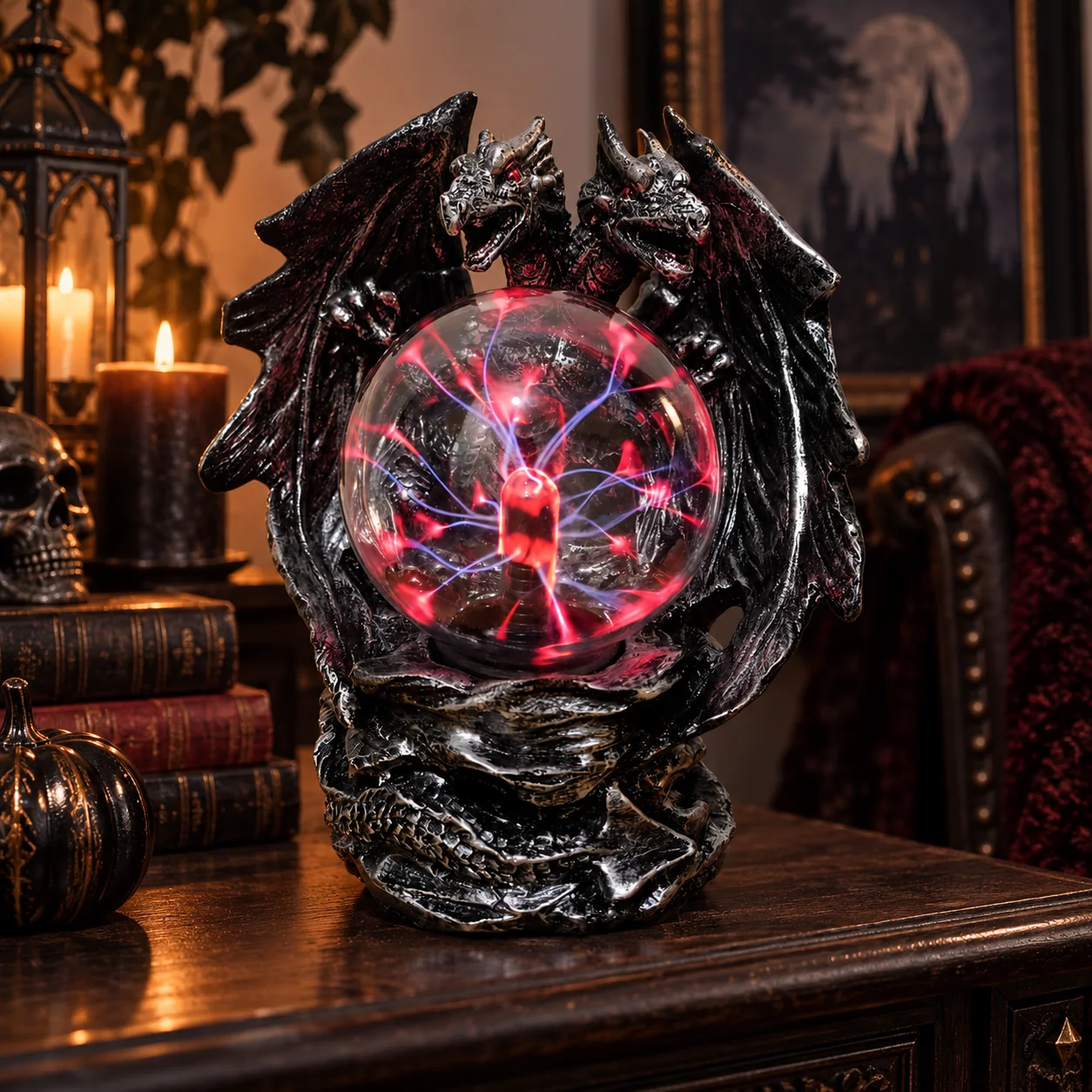 Dragon Plasma Ball Resin Statue Lamp Halloween Christmas Resin Dragon Statue Table Decor For Bar Room Fantasy Figurine Gift