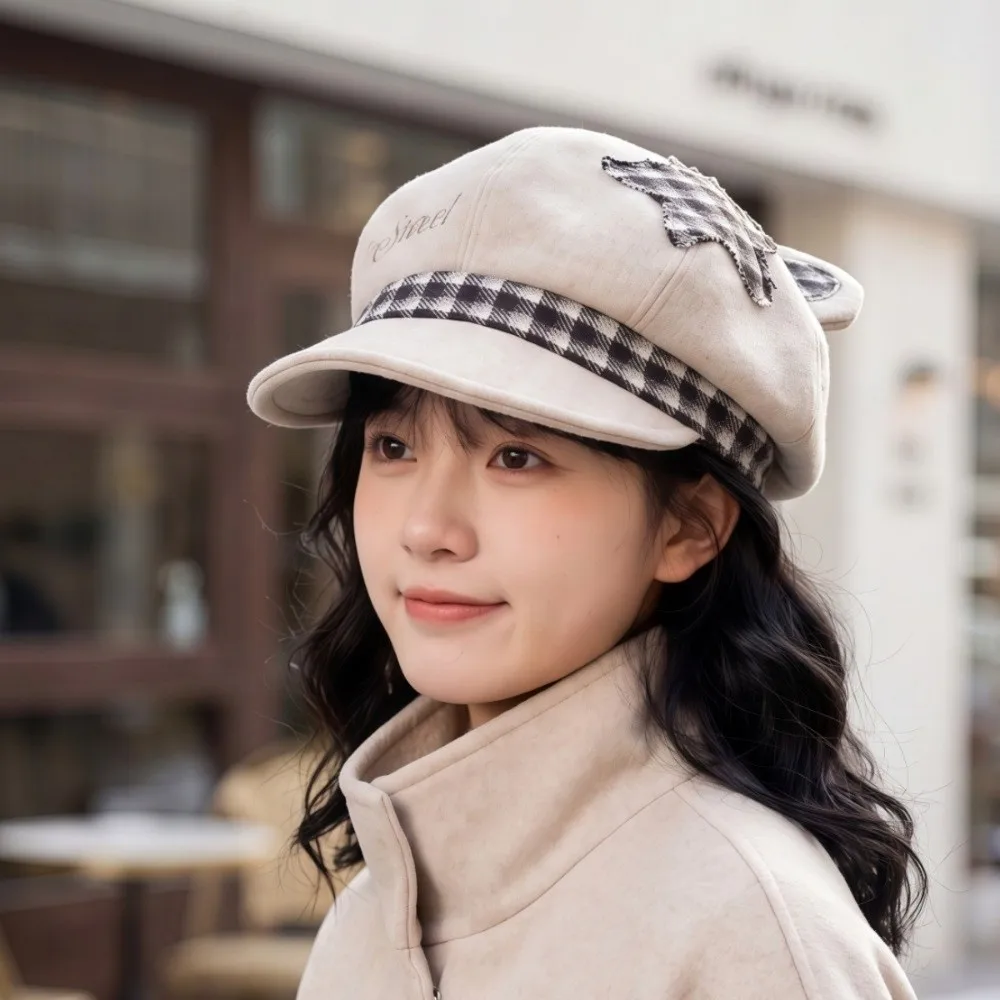 Cat Paw Pattern Cat Ears Beret Cap Autumn and Winter Plaid Women Octagonal Hat Peaked Y2k Streetwear Newsboy Hat Punk Goth