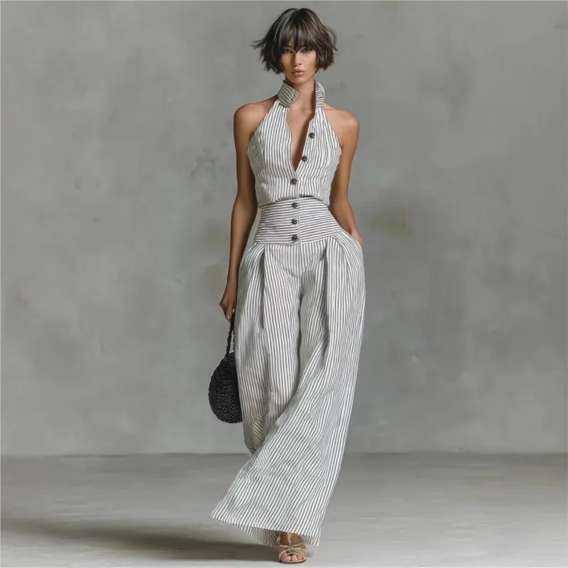 

Fashion Stripe Print Button Down Jumpsuit Woman Elegant High Waist Wide Leg Pants Romper New Summer Sleeveless Workwear Overalls