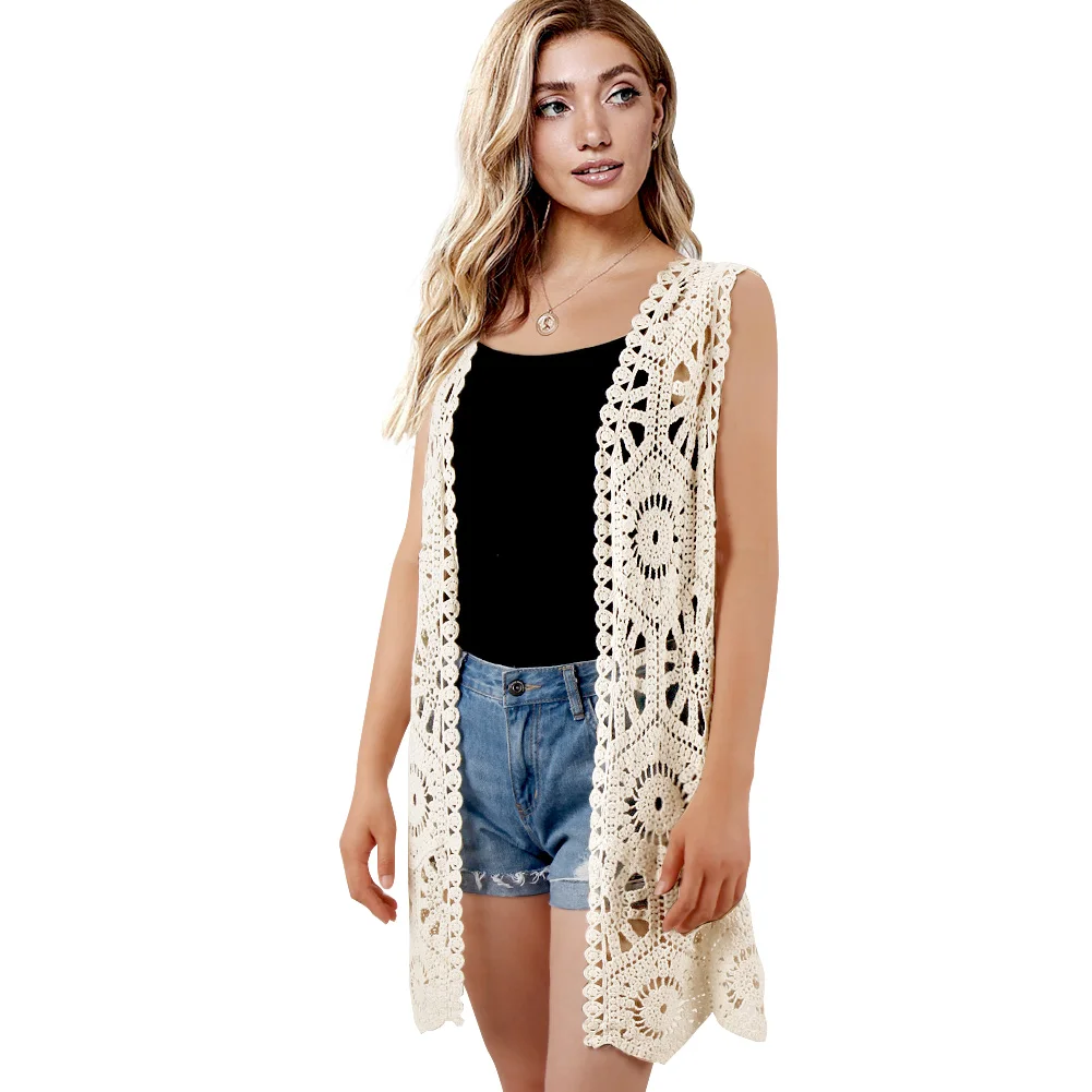 Womens Floral Crochet Lace Boho Trim Sleeveless Open Front Vest Cardigan White Beige