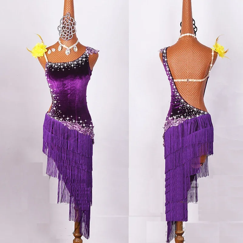 Latin Dance Competition Costume Performing Costume Liuzhou Dress Purple Velvet Water Diamond  Fringe Dress