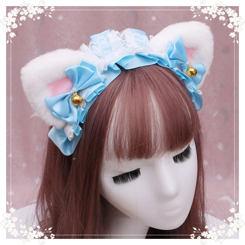Orelha de gato de pelúcia lolita headwear com pequena sino cosplay anime con acessório kawaii menina clássico lolita cocar babados faixa de cabelo