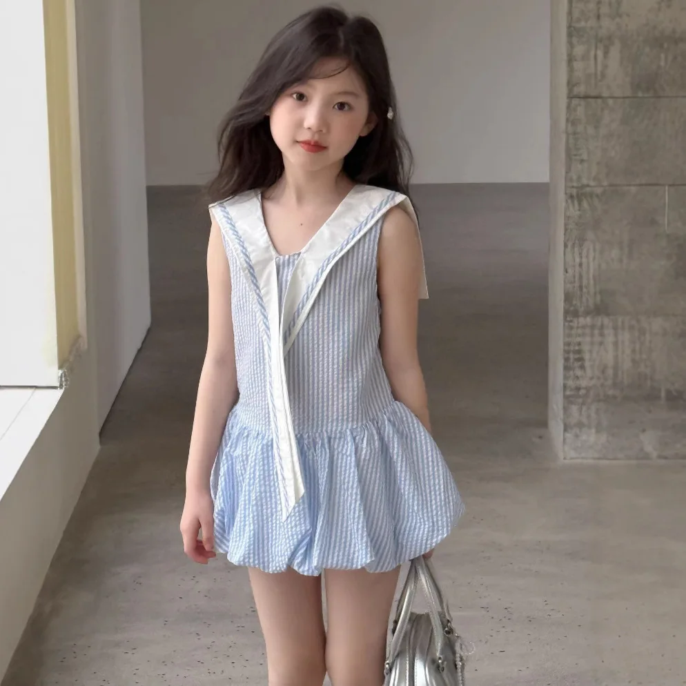 

Girls Skirt 2025 Summer New Childrens Wear Korean Style Girl Baby College Wind Blue and White Check Pod Dress Casual Simple