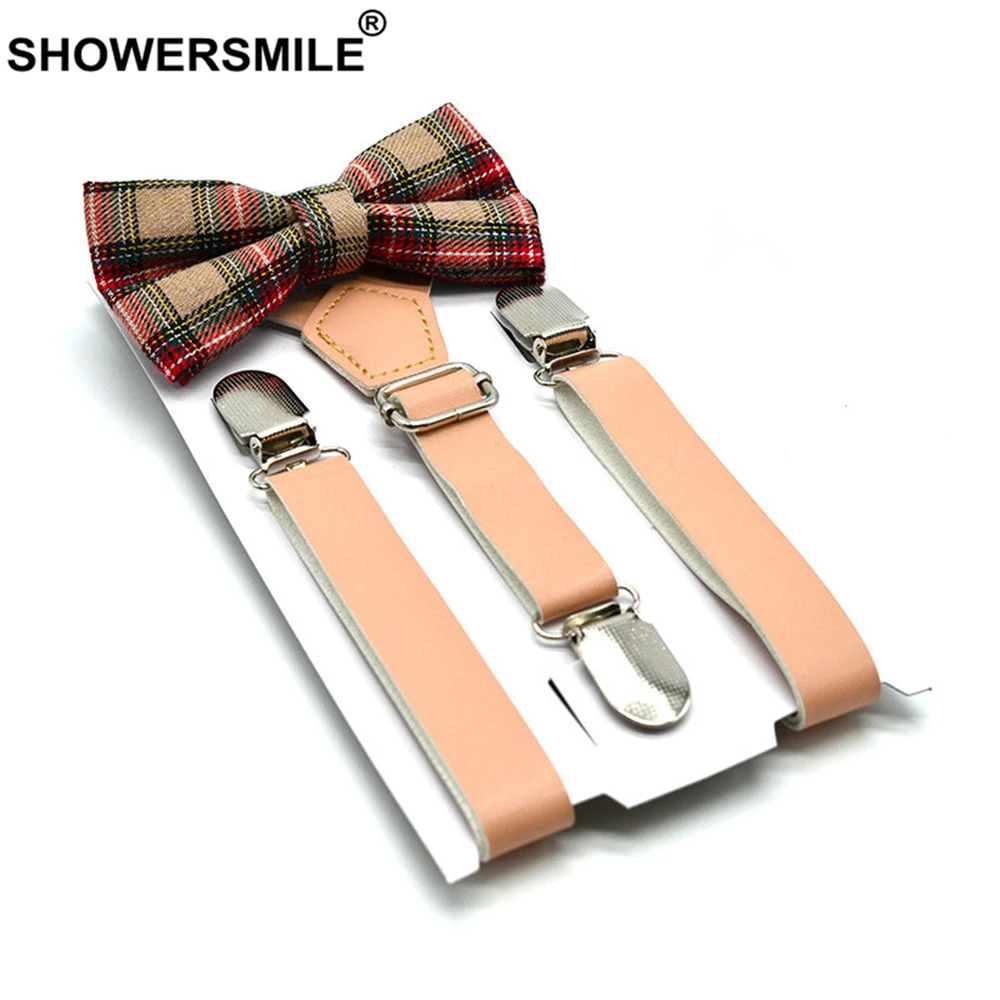 SHOWERSMILE Kids Suspenders With Bow Tie Leather British Style Boys Suspenders Vintage Wedding Brown Children Braces 75cm*2.5cm