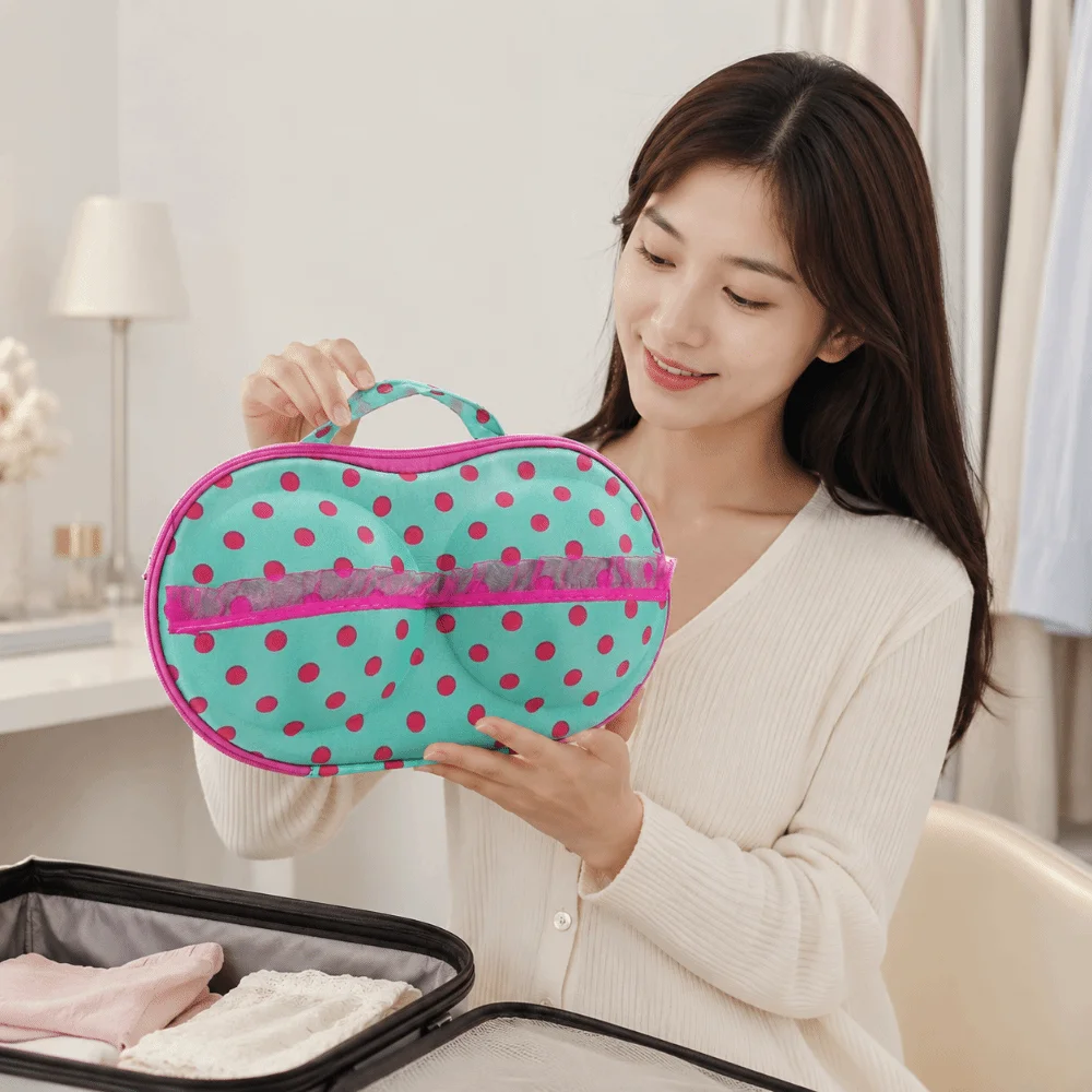 Waterproof Hard Shell Bra Storage Box Zipper Handle Anti-deformation EVA Underwear Bag Covered Design Polka Dots
