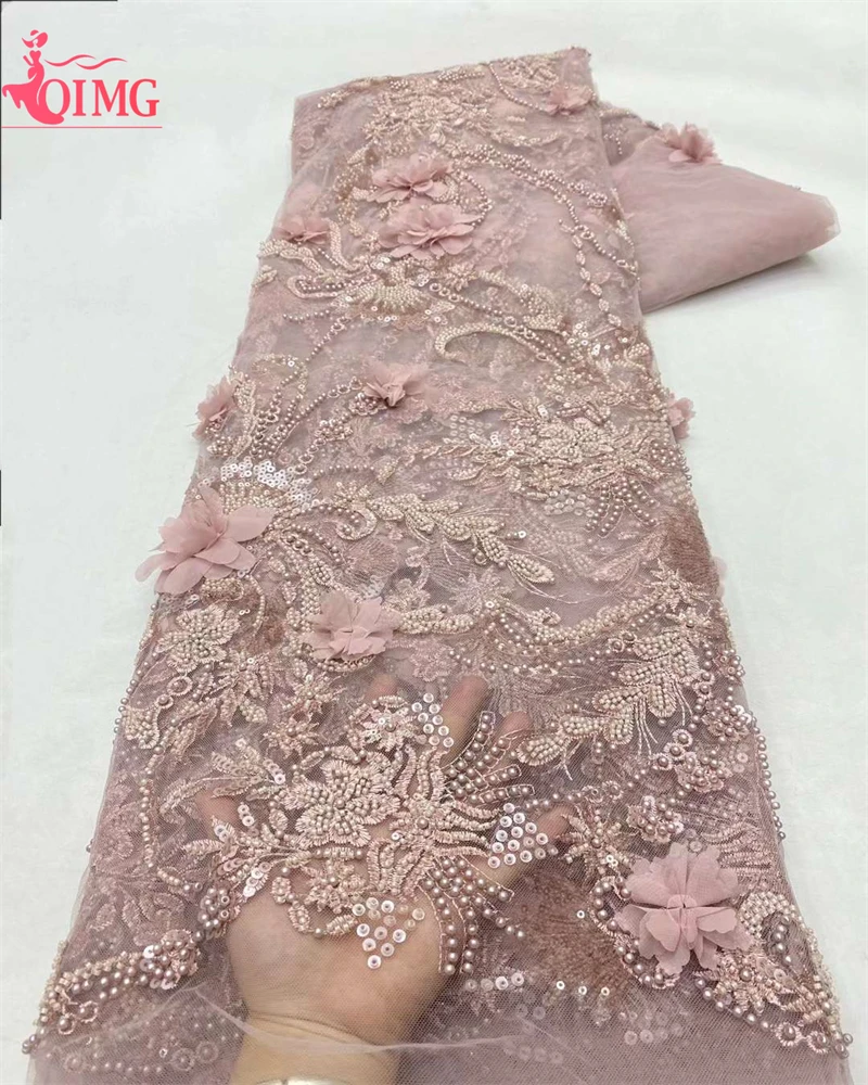 OIMG Latest African 3D Flower Lace Fabric Embroidery French Mesh Lace Fabric With Sequins Groom Nigerian Tulle Lace For Party