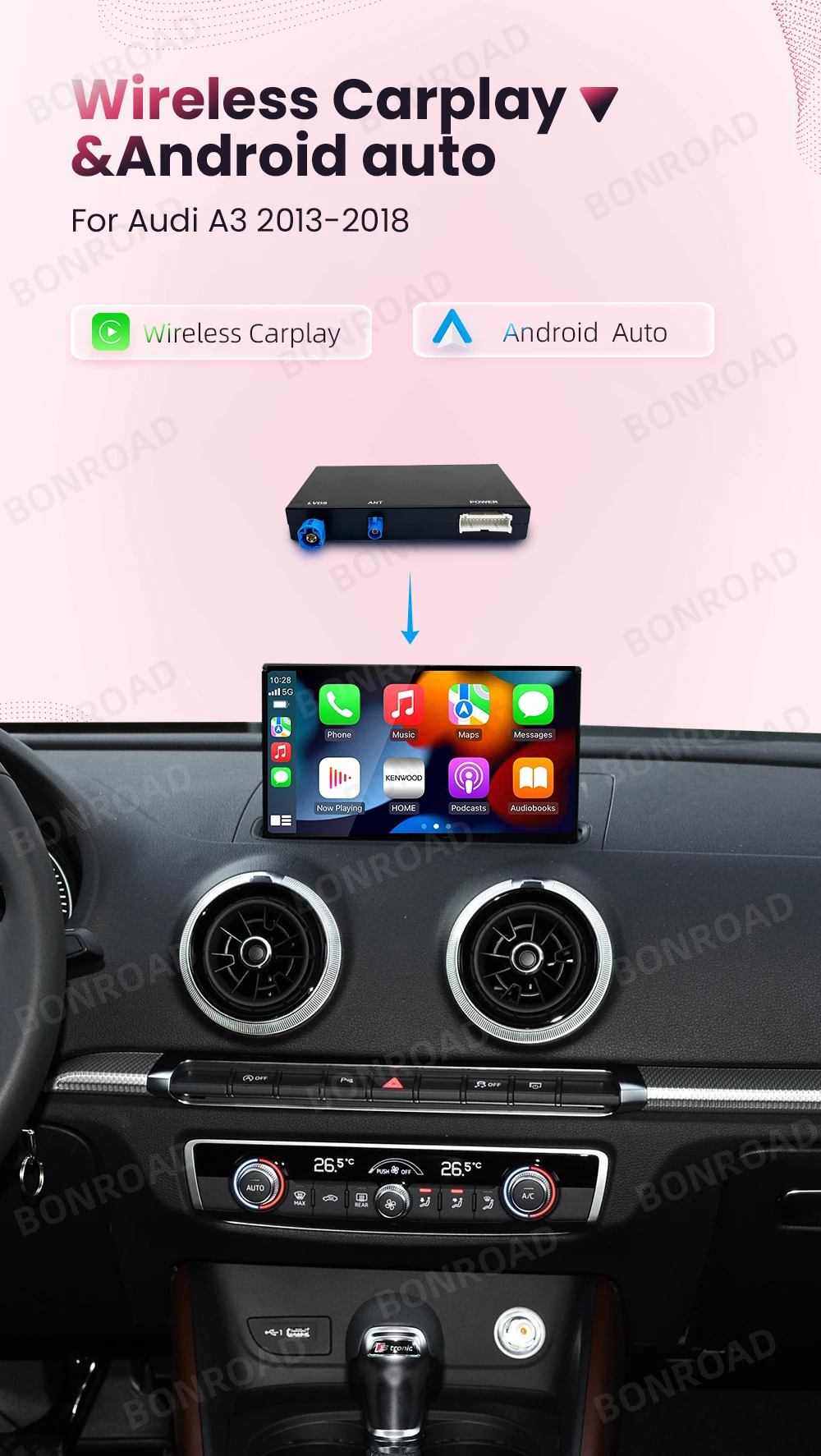 Bonroad drahtloses carplay android auto adapter für audi a3 8v 2012-2018 spiegel link airplay bluetooth gps navigation – Detail 1