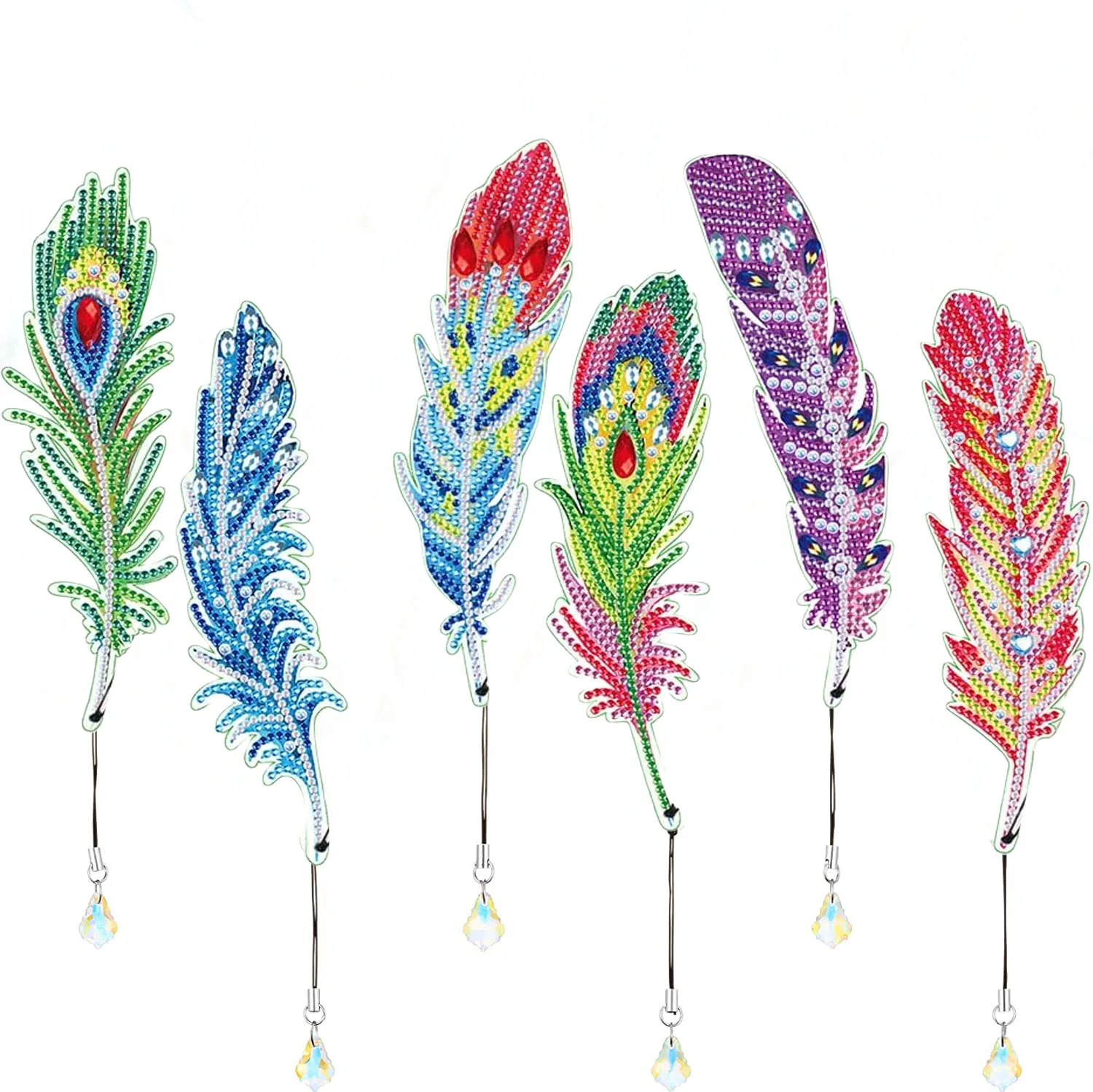 

6 шт./компл., закладка для алмазной живописи «сделай сам», ПЭТ-материал с перьями и хрустальной подвеской, закладка для книги, алмазная художественная закладка с перьями