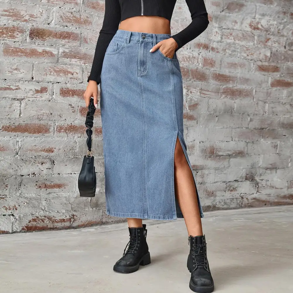 

Summer Midi Skirt Button Zipper Fly Side Slit Design Denim Skirt Retro Summer Denim Casual Skirt Daily Wear