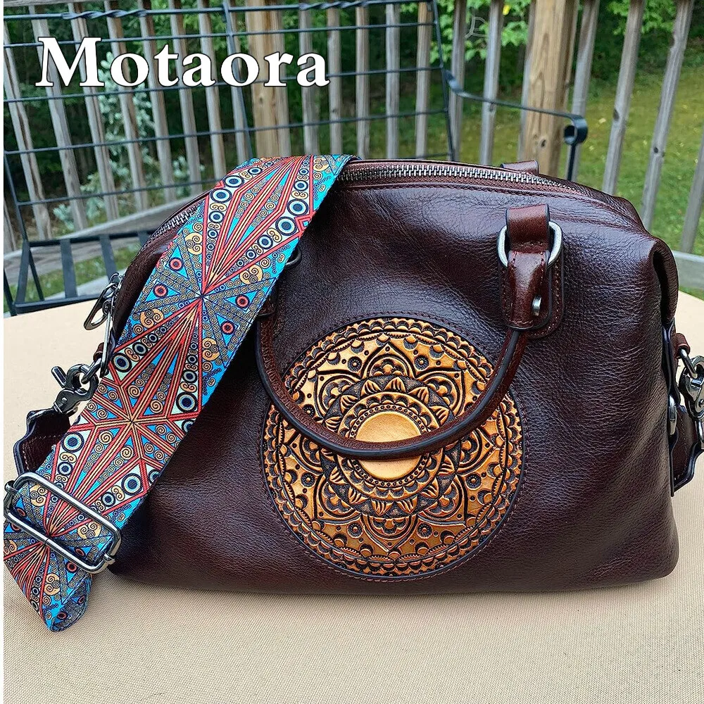

MOTAORA Genuine Cowhide Leather Women's Bohemian Tote Bag, Handmade Retro Ethnic Print Large Capacity Boston Purse Shoulder Bag