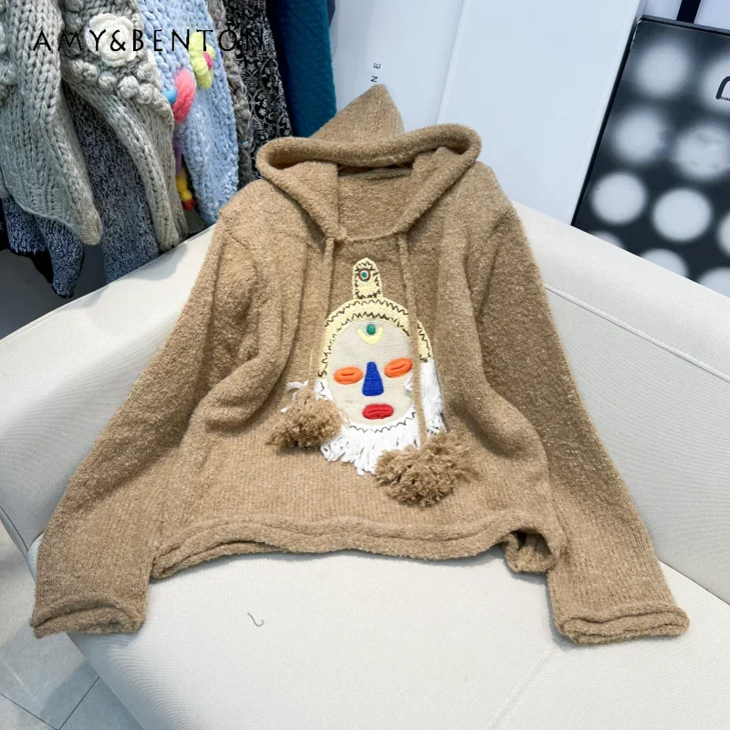 

Popular Design Cartoon Embroidered Hooded Knitted Sweater Women's 2024 Autumn And Winter New Korean Version Loose Terry Knitwear