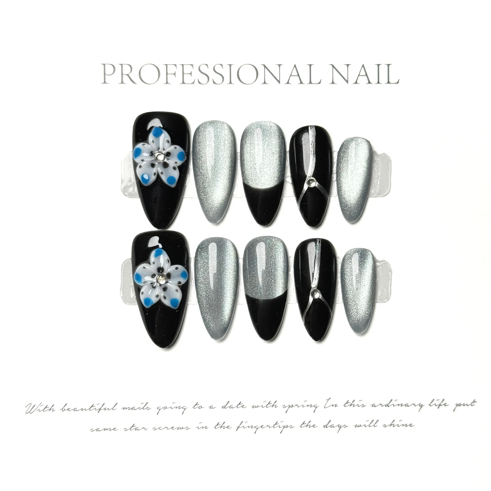 10 Pcs Medium Almond Press on Nails Nail Tips Black Silver Cat-Eye False Nails 3D Flowers False Nails for Women Girls Daily Wear