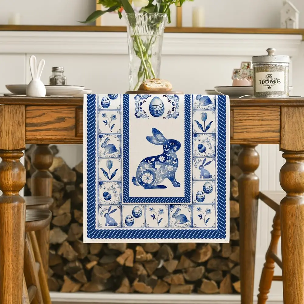 Easter Bunny Eggs Blue White Porcelain Linen Table Runner Party Decor Spring Kitchen Dining Table Runner Easter Decorations