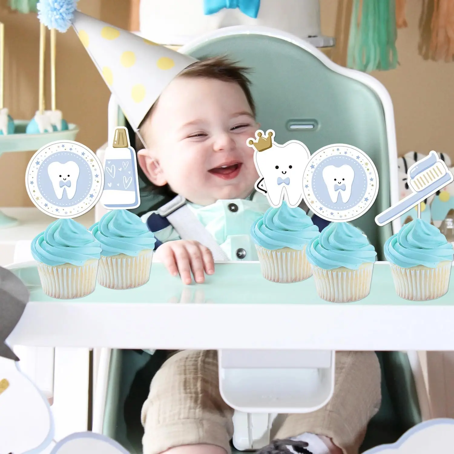 36Pcs Tooth Cupcake Toppers Blue First Tooth Cake Decorations Dental Themed Baby Shower Cupcake Toppers Dentist Decor for Boys