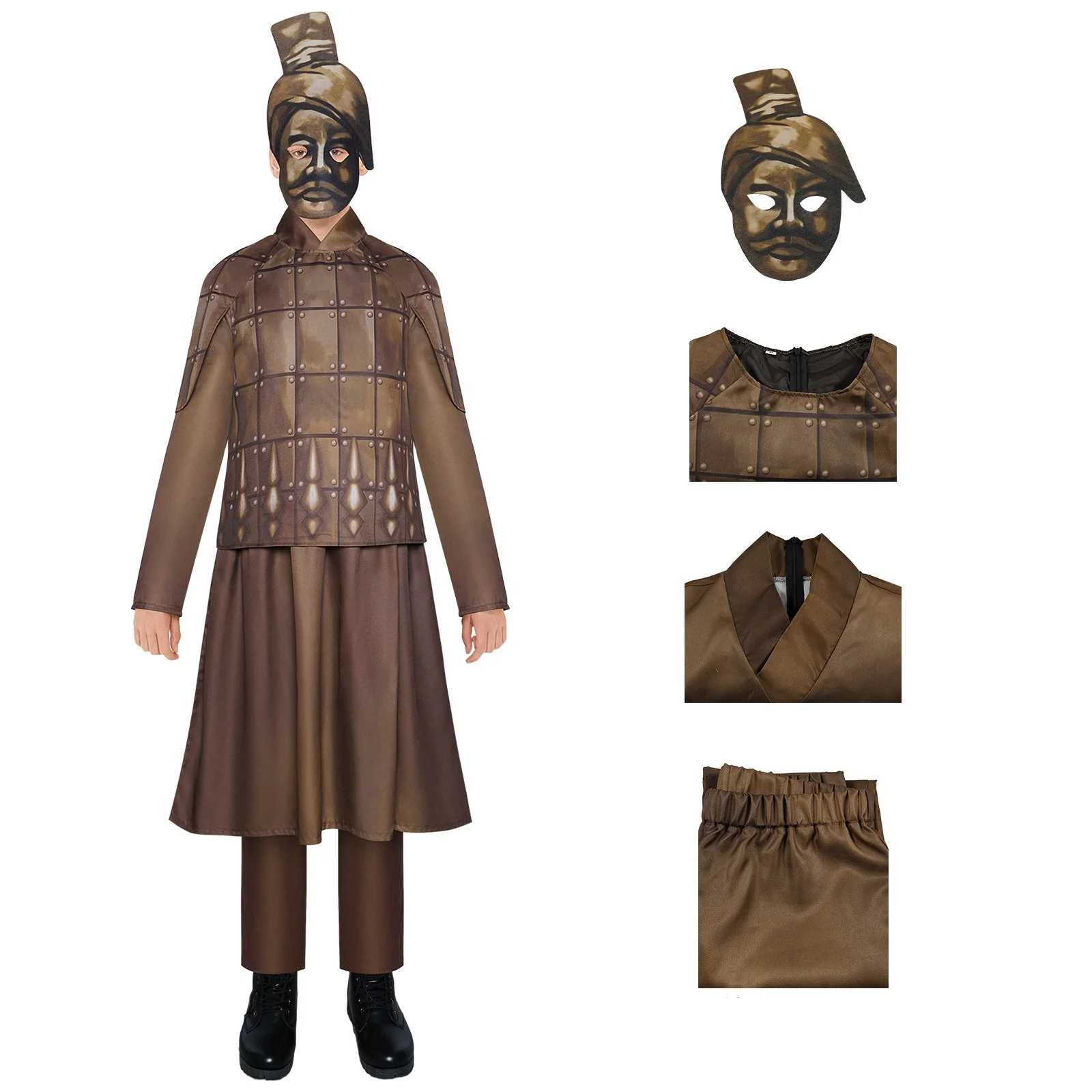 Chocolate Terra Cotta Warriors Cosplay Costume Headgear Halloween for Adult Kids Long Coat Pants Stage Performance Outfits