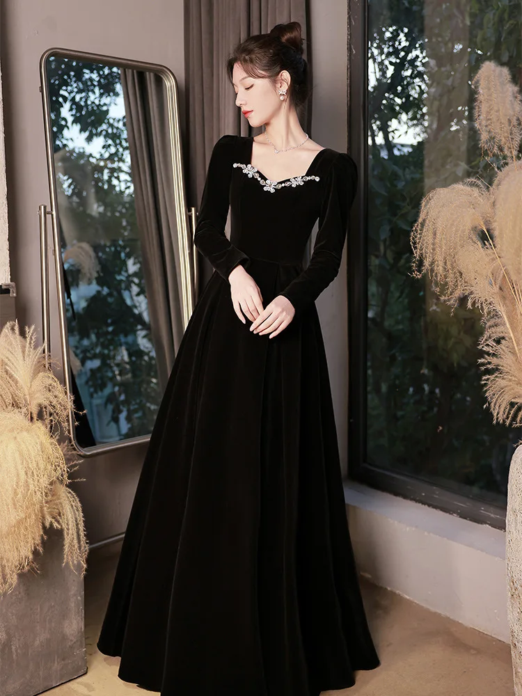 Autumn Winter Black Evening Dress Women Elegant  Luxury Velvet Long Sleeve A-line Party Dresses French Beadding Prom Gown