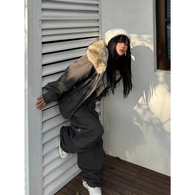 Y2k Street-cárdigan cálido Vintage para mujer, Sudadera con capucha holgada, moda de otoño e invierno, cuello de piel, sombrero, Sudadera con capucha, sudadera con cremallera de calle