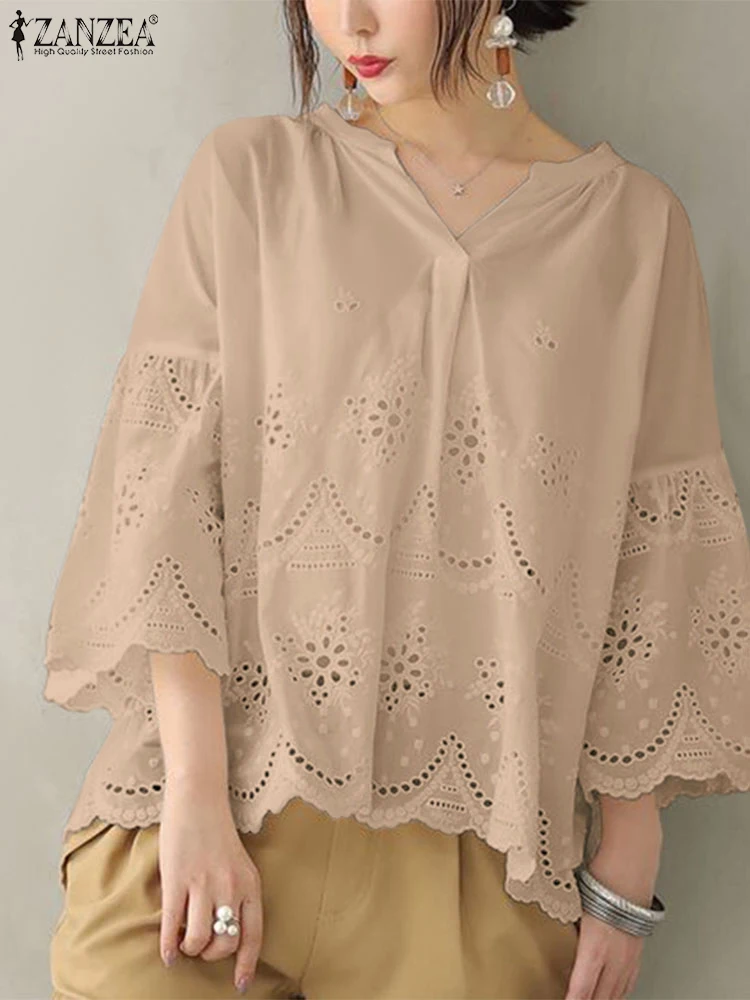 

ZANZEA Autumn Elegant V Neck Short Sleeve Blouse Women Stylish Lace Crochet Tops Casual Holiday Shirt Female OL Work Blusas