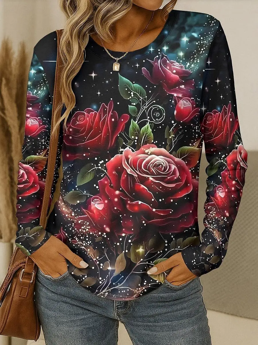 Women's T-shirt 3D Elegant Rose Floral Print Fashion Long Sleeve Round Neck Regular Top Holiday Weekend Spring Autumn