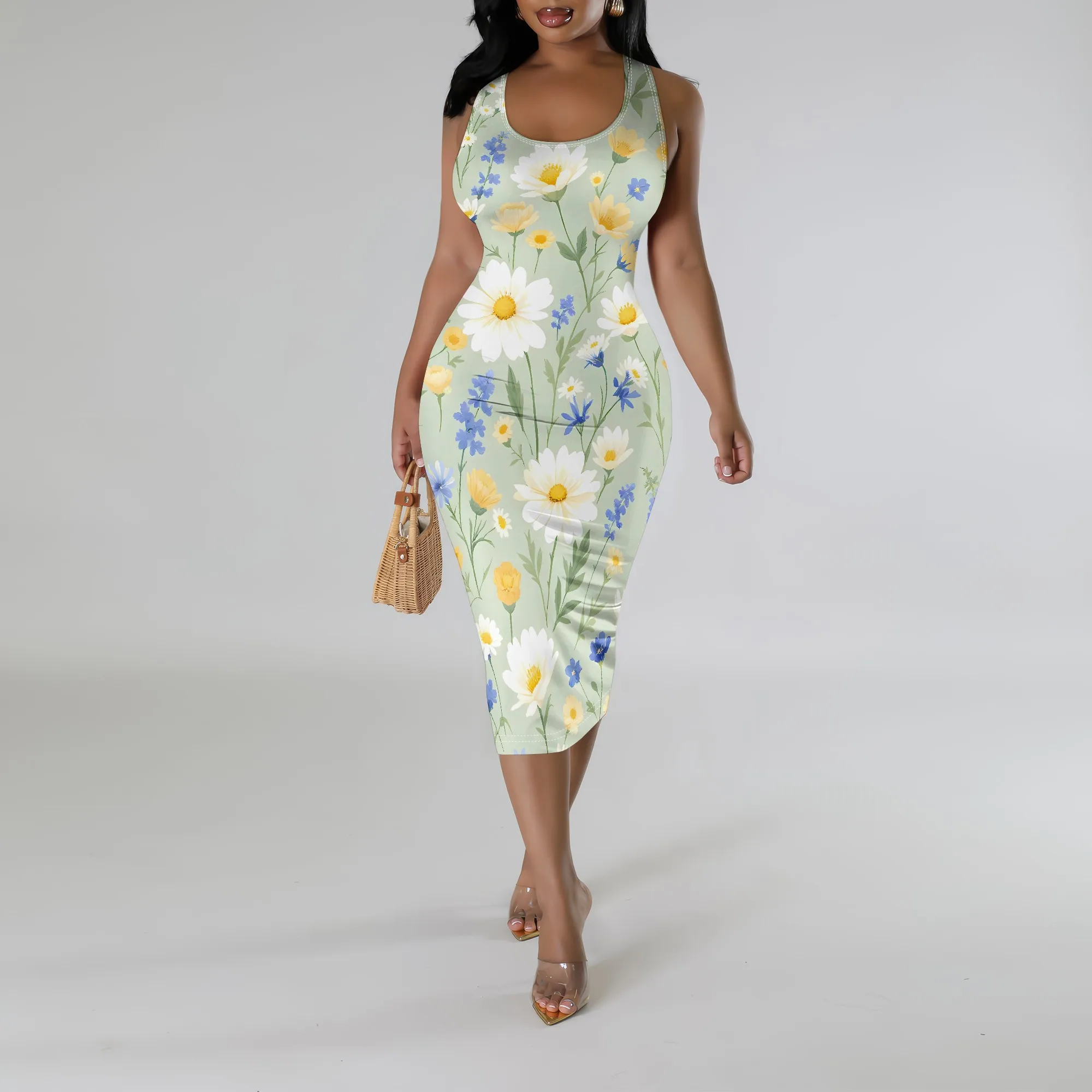 

Nupusa Standard Size Bodycon Dress Daisy Floral Print Sleeveless Dress