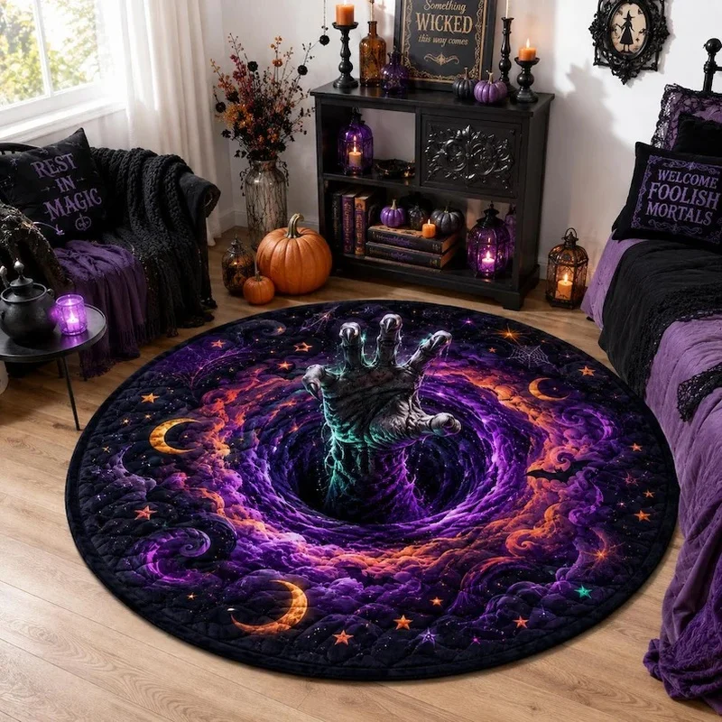 Round Halloween 3D Vortex Visual Area Rug, Zombie Hand Purple Galaxy Moon Bat Quilted Print Home Floor Mat
