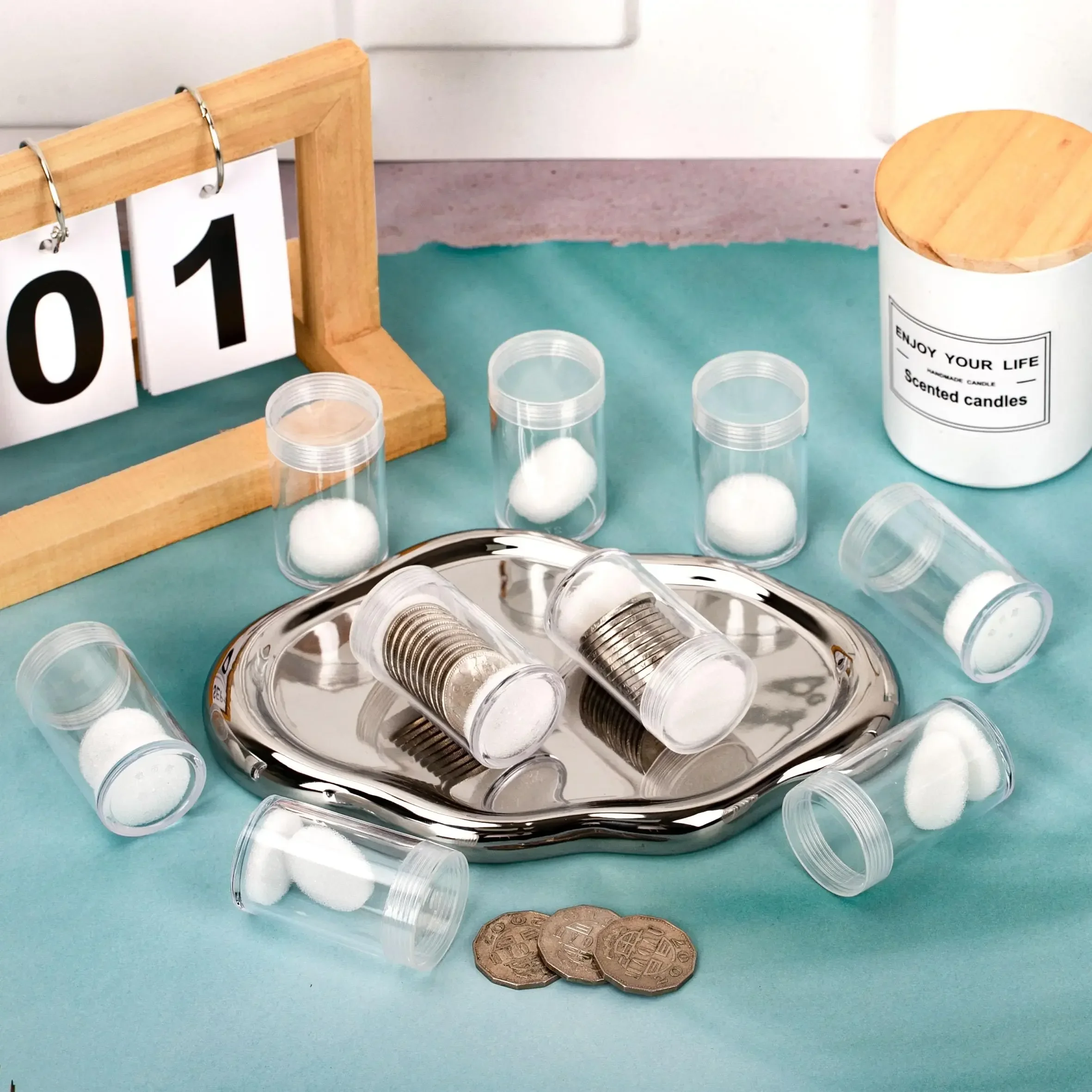 1 Pcs Round Plastic Clear Coin Tubes Coin Protector Organiser for Collecting Supplies with Threaded Cap and Shock Absorbing Foam
