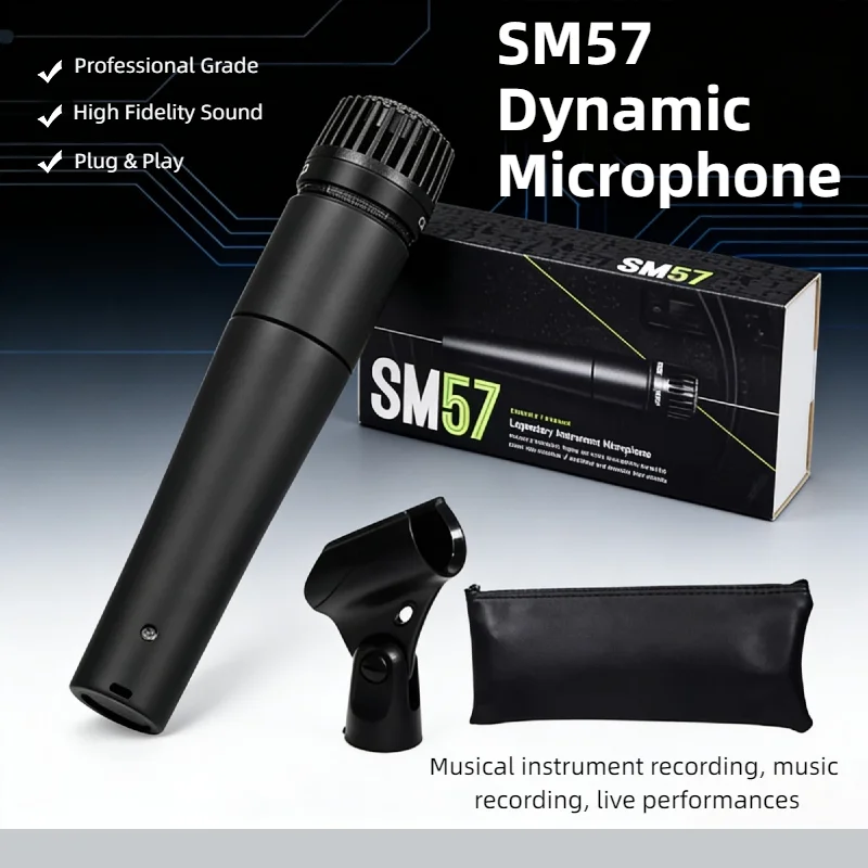Microfone Dinâmico Unidirecional SM 57 de Alta Qualidade para Instrumentos, Voz, Bateria, Guitarra e Gravação