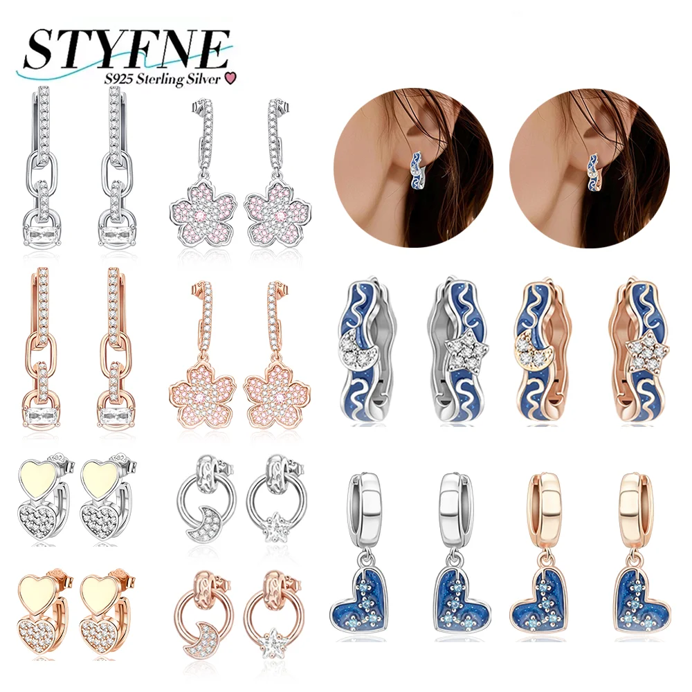 

Earrings Woman 925 Silver Zircon Blue Ocean Star Moon Love Flower Earrings for Women Engagement Birthday Fine Jewelry Gift