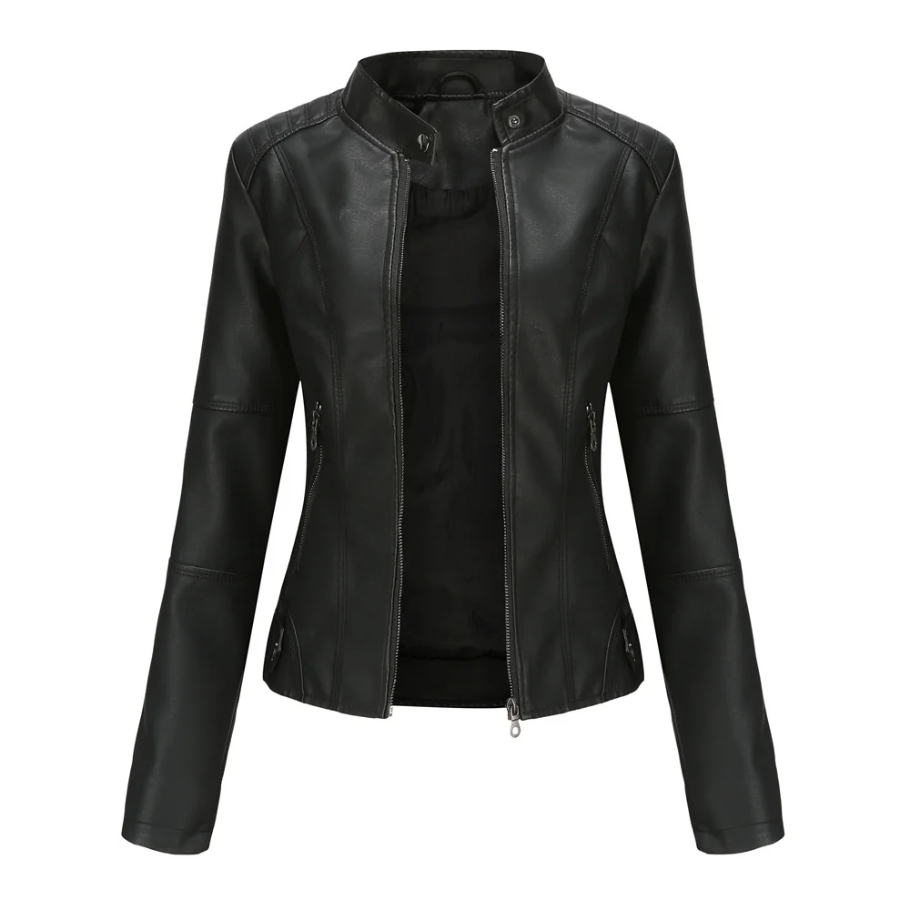 European women's leather suit slim jacket thin spring and autumn coat women's motorcycle suit large stand collar leather jacket