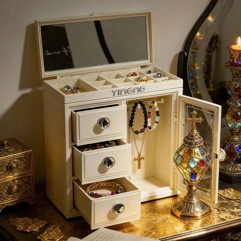 Large Jewelry Box with Mirror Dustproof Rotatable Jeweler Organizer Boxes Earrings Necklace Storage Box Casket for Jewelry