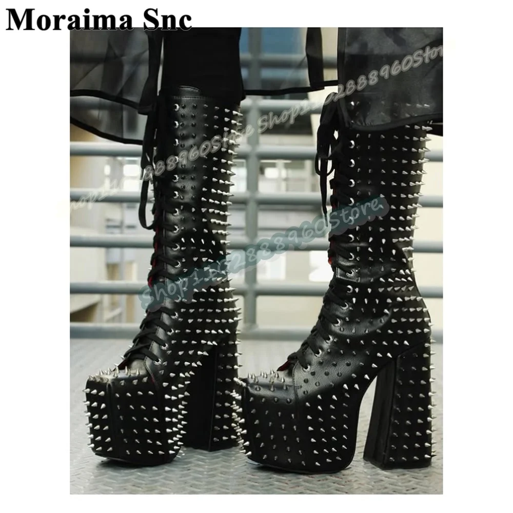 مثير منتصف العجل جلد أسود كامل المسامير منصة الأحذية مكتنزة أحذية عالية الكعب للنساء عبر تعادل ساحة تو فاسق نمط الأحذية