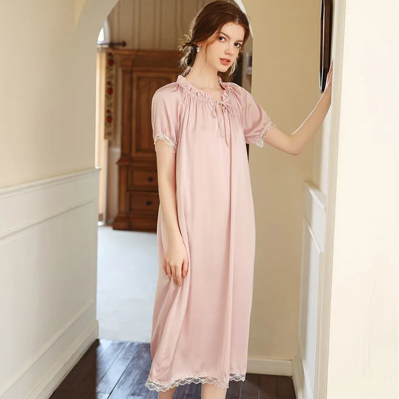

New Summer Short Sleeve Long Nightdress Sexy Women Lace Trim Nightgown Bathrobe Retro Court Style Sleepwear Casual Home Dress