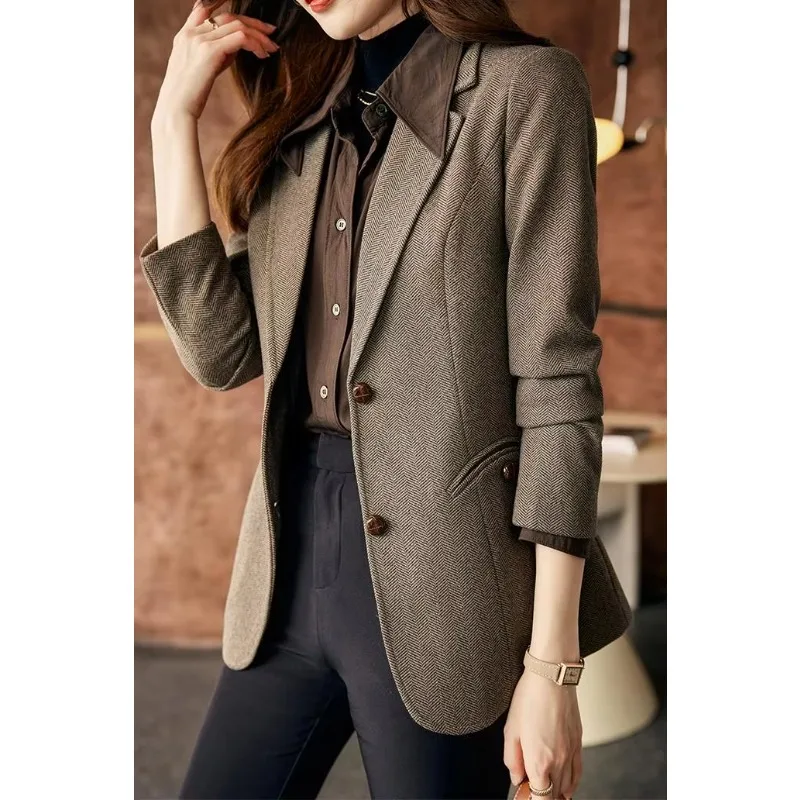 Coffee-colored Wool Blazer Coat Women Female Office Lady 2025 Autumn/Winter Casual High-end High Quality Jacket Women Clothing