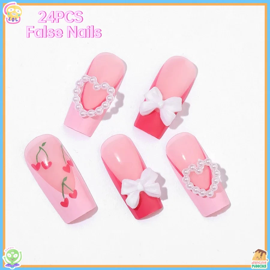 

24 шт., сладкий стиль, вишневый бант, сердце, пресс для ногтей, свежий французский дизайн, накладные ногти, изысканные съемные ногти с полным покрытием, наконечник 네일