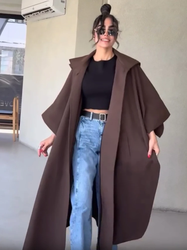 Fashion Solid Cape‑style Long Overcoat Women Oversize Hooded Self‑tie‑belt Wide 3/4 Sleeve Trench Coat New Fall Female Outerwear