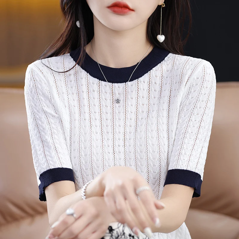 Women's T-shirt Spring/Summer Worsted Knitwear Casual Splicing Ladies' Tops Loose Round Neck Blouse Pullover Hollow Tees