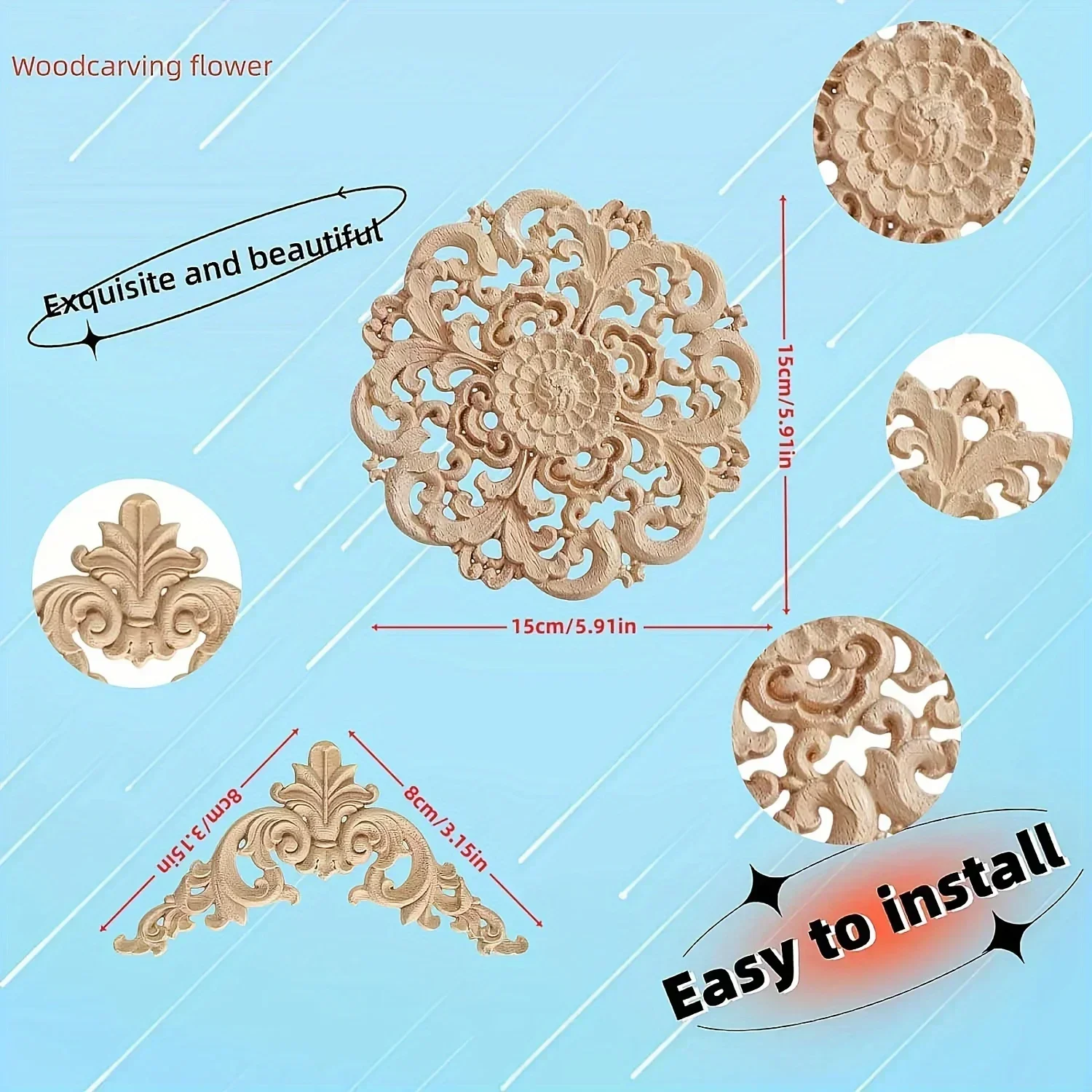 5 Pcs Unpainted Wood Appliques Onlays Bed Door Cabinet Wardrobe Furniture Carved Decoration DIY Color Onlays Decorative