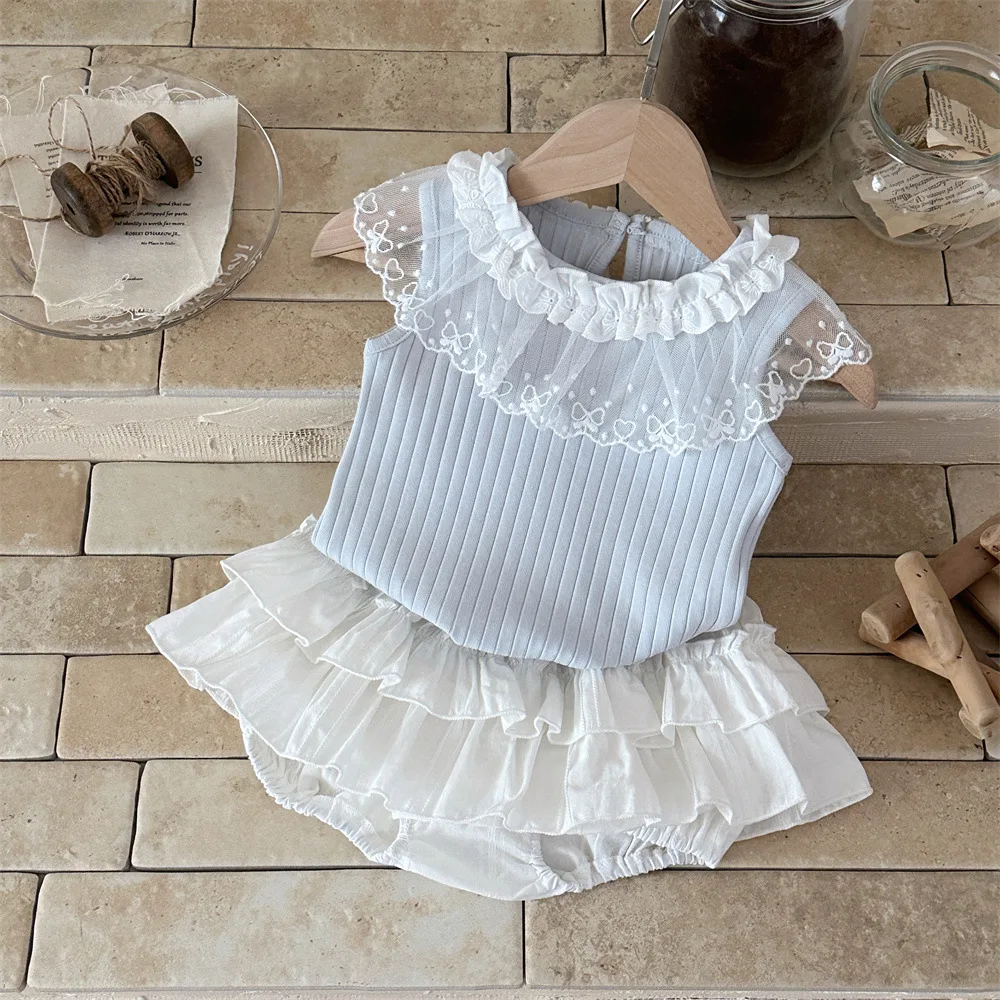 2026 New Summer Sweet Style Baby Girls Set Lace Ruffle Collar Sleeveless Tee+White Shorts 2Pcs Clothes Soft Cotton Infant Suit