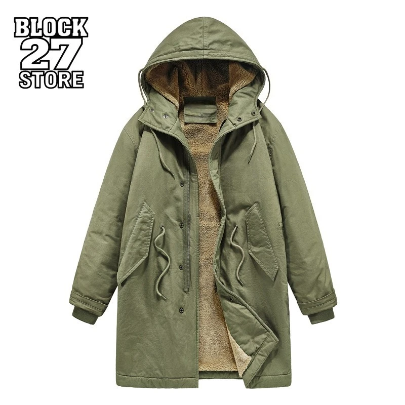 

Мужское пальто Harajuku, американская винтажная парка средней длины, куртка с капюшоном, осень-зима, длинное хлопковое пальто, теплая повседневная уличная одежда, новинка