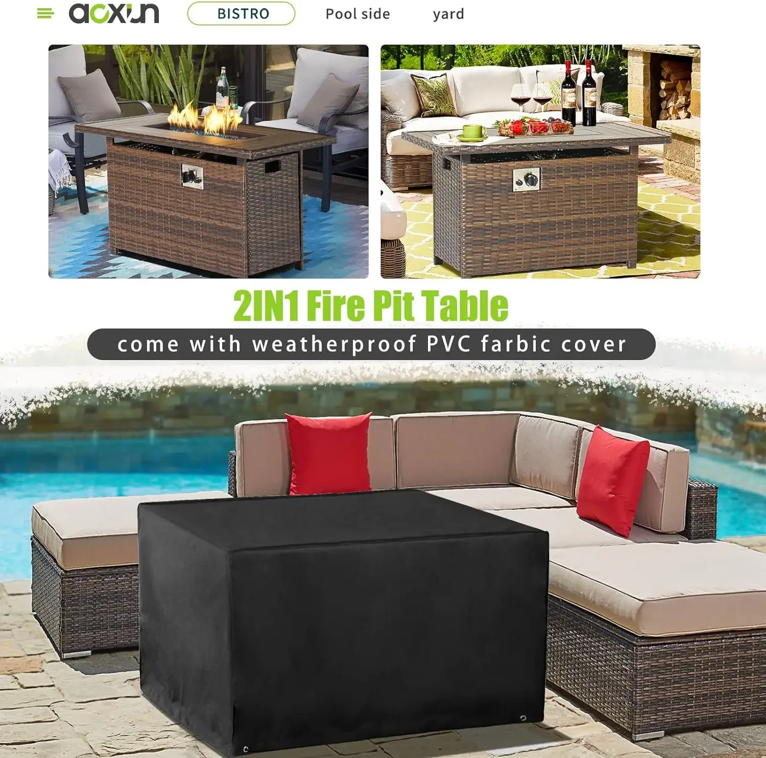 Propane Fire Pit Table with Storage, Rectangular, Auto Ignition Gas Fire Pit for Outside Patio Deck, Oxford Cover